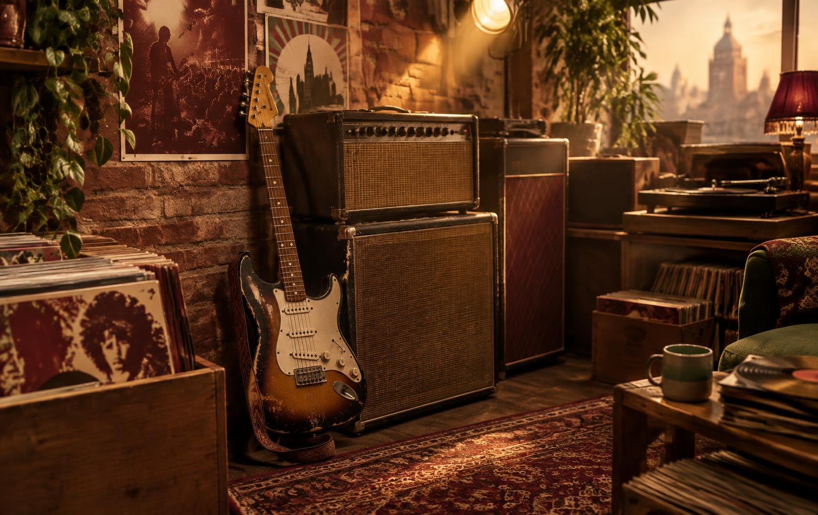 Vintage versterkers, een elektrische gitaar en vinyl in warm avondlicht