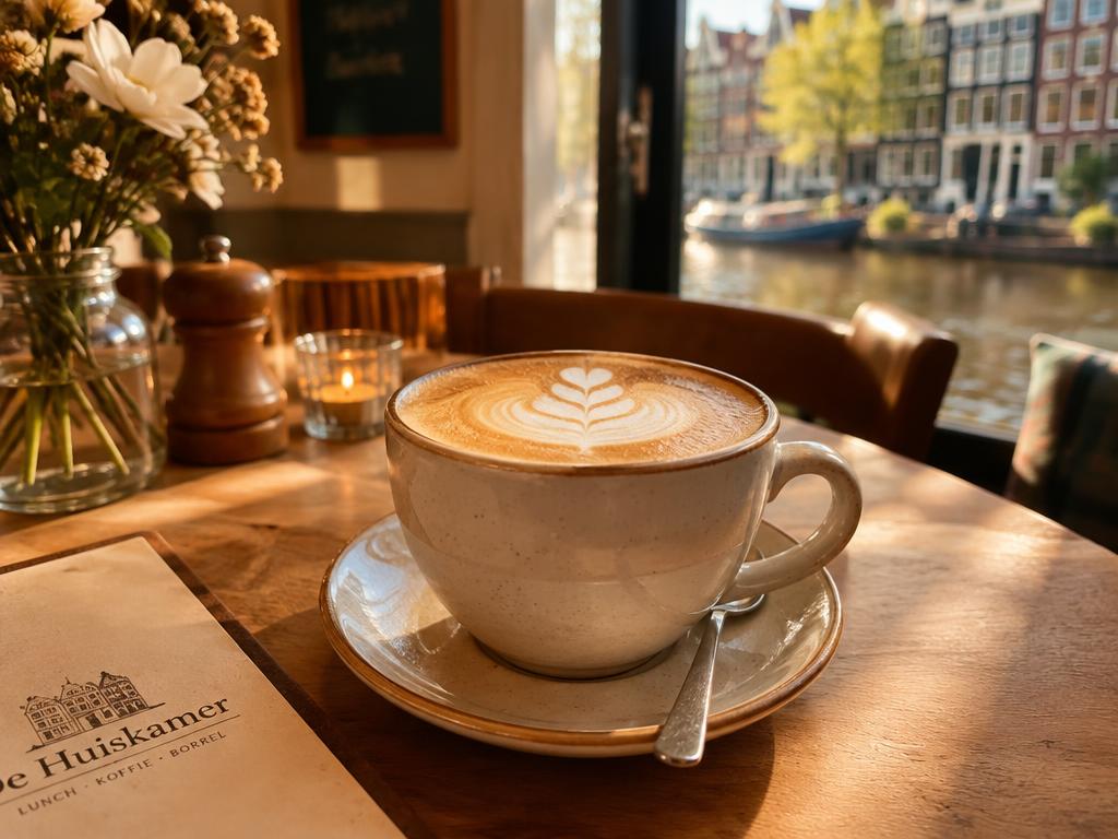Cappuccino met latte art in een zonnig café
