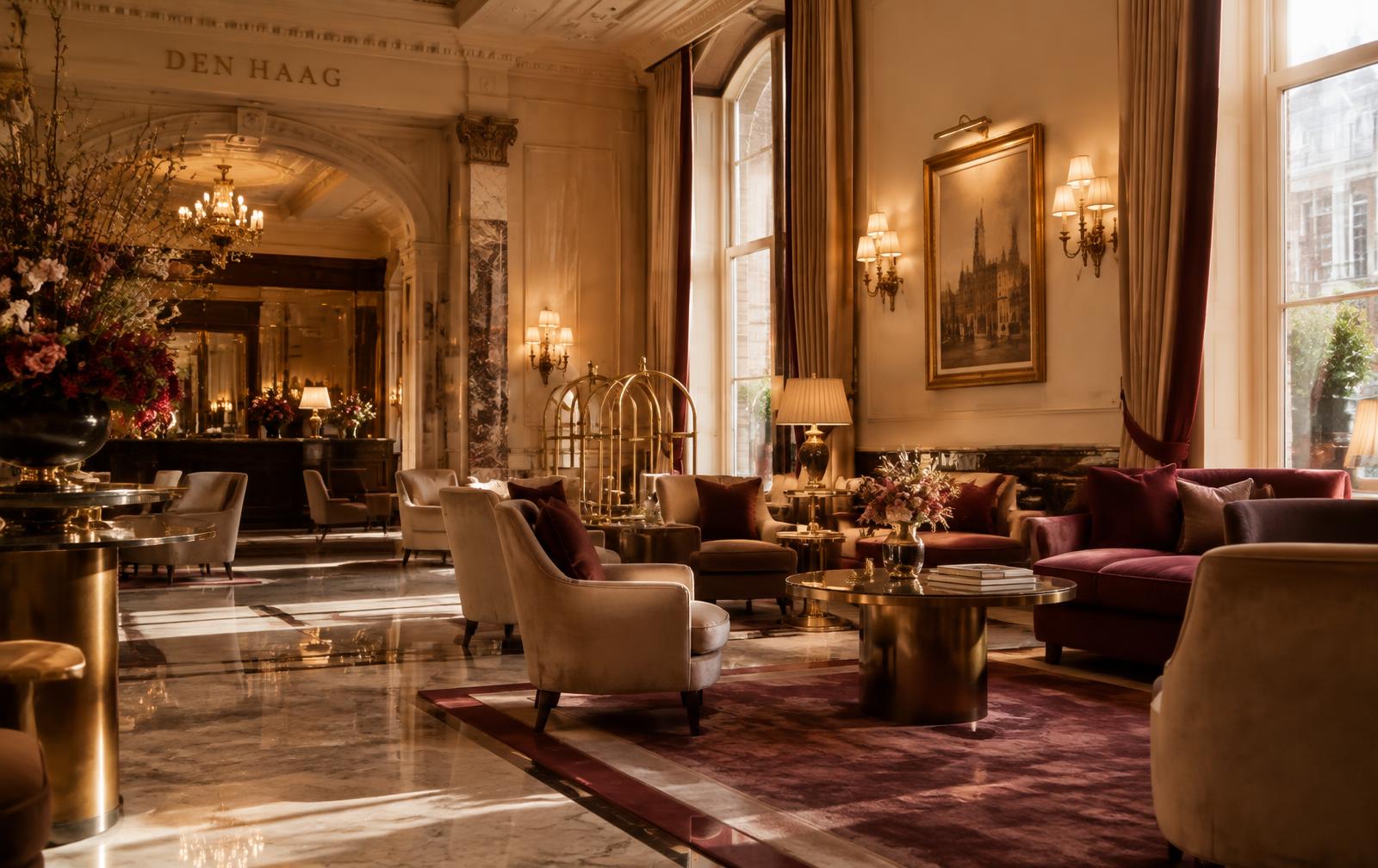 Lobby van een luxe hotel met marmer, messing en burgundy velours