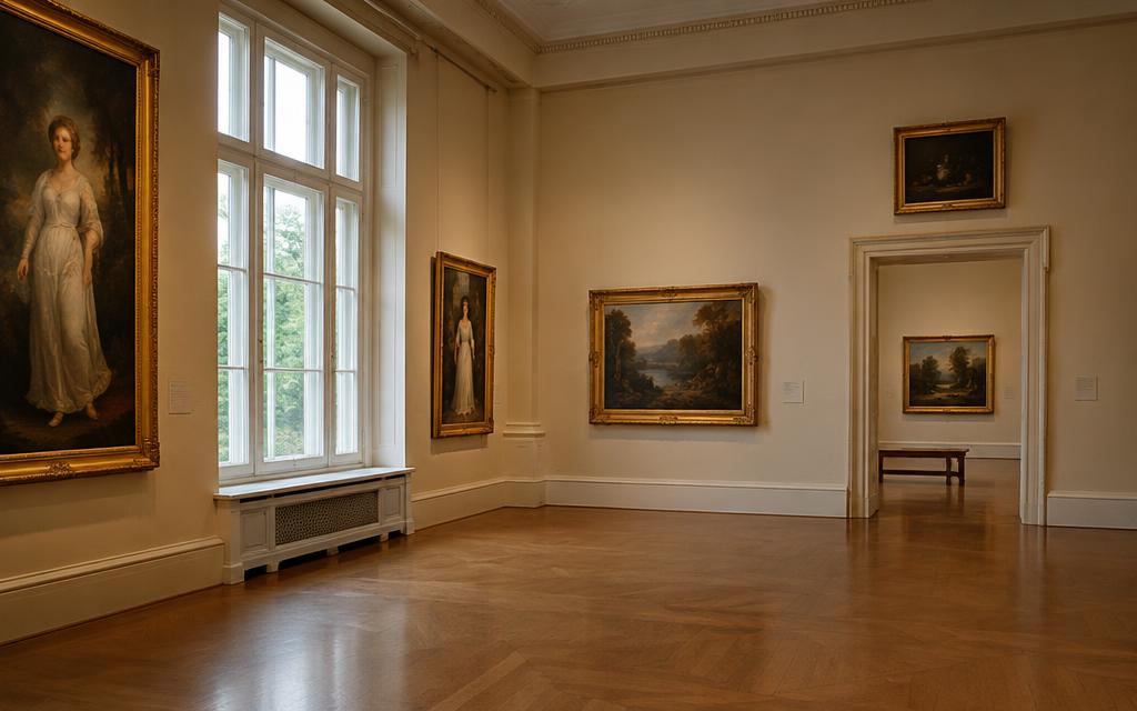 Museumzaal met klassieke schilderijen in warm licht