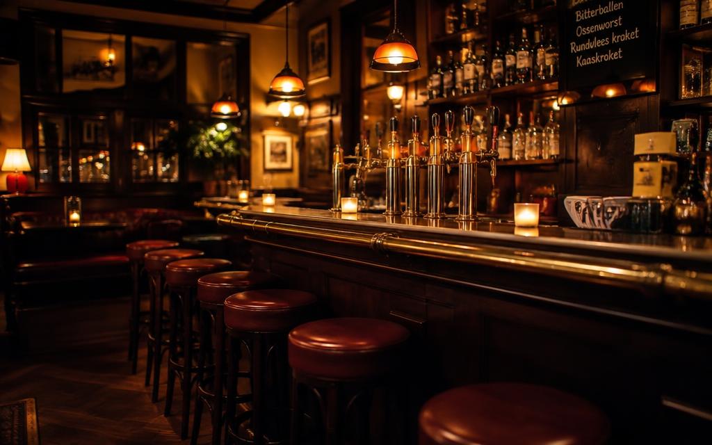 Sfeervolle bar met messing tapzuilen en kaarslicht