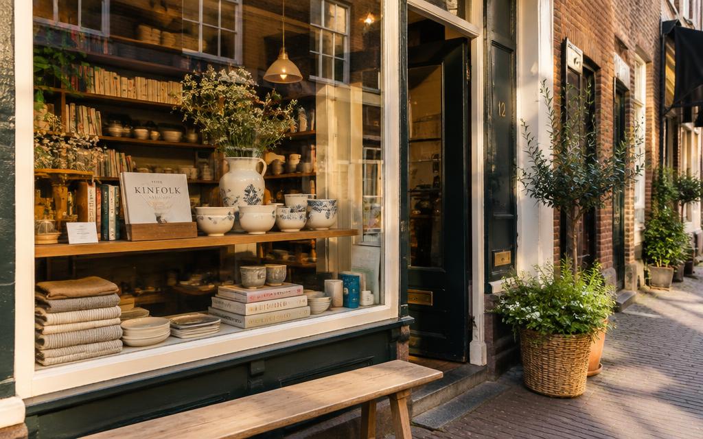 Sfeervolle boetiekwinkel met keramiek en boeken in de etalage